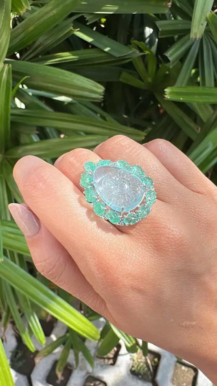 Carved Aquamarine & Zambian Emerald Cocktail Ring - 18k White Gold Handmade Diamond Ring