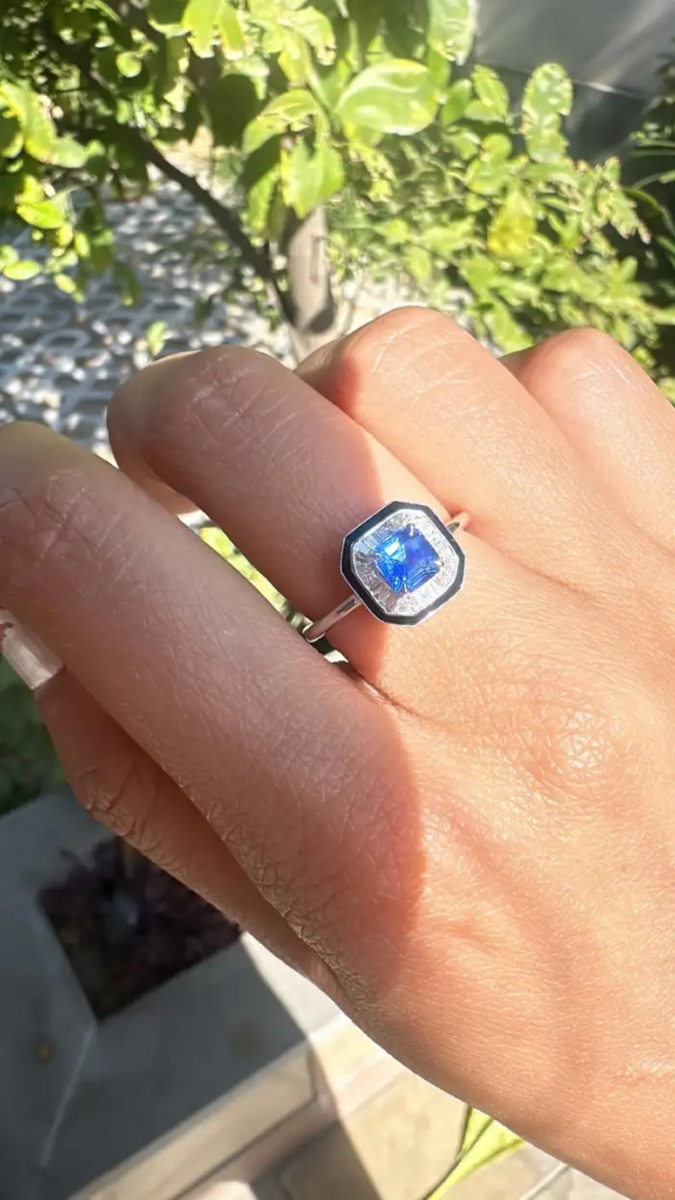 Natural Blue Sapphire & Black Enamel Ring - 18k White Gold Diamond Engagement Ring