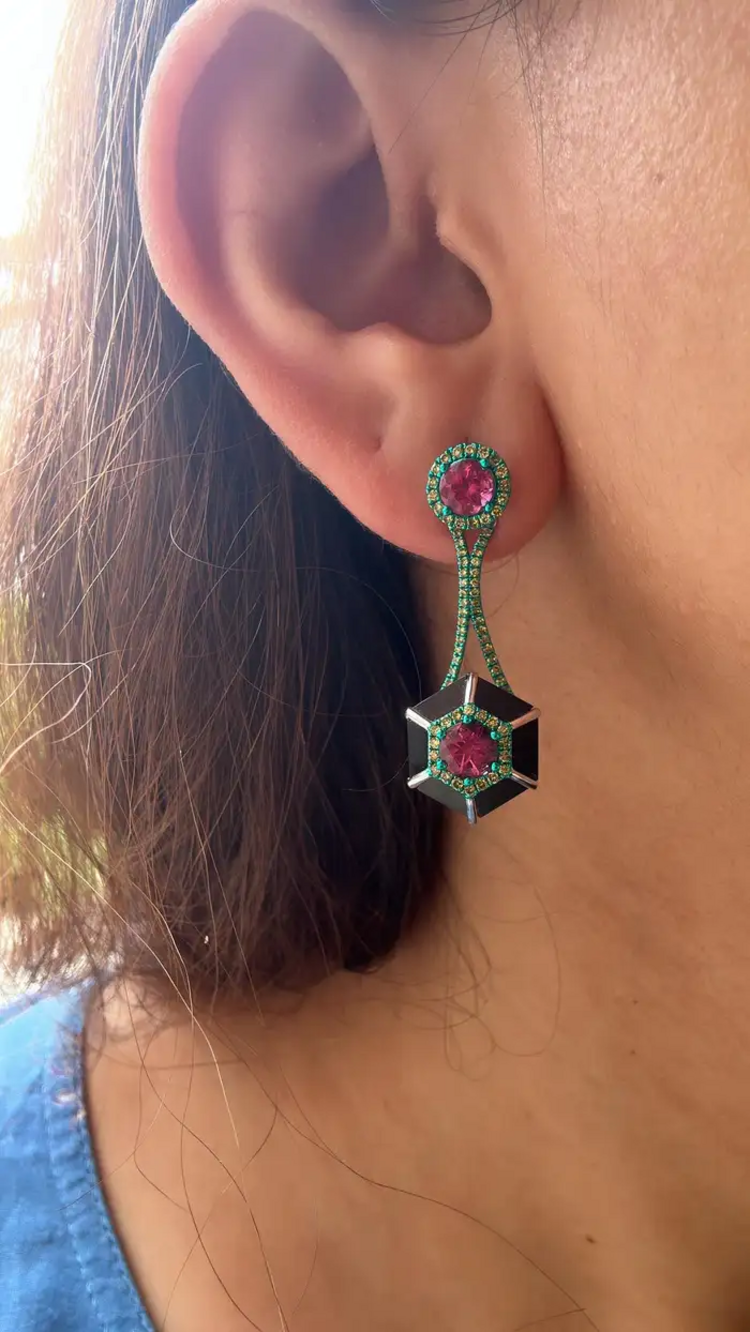 Green Rhodium 18k Gold Diamond Dangle Earrings - Natural Tourmaline & Black Onyx Stud Earrings