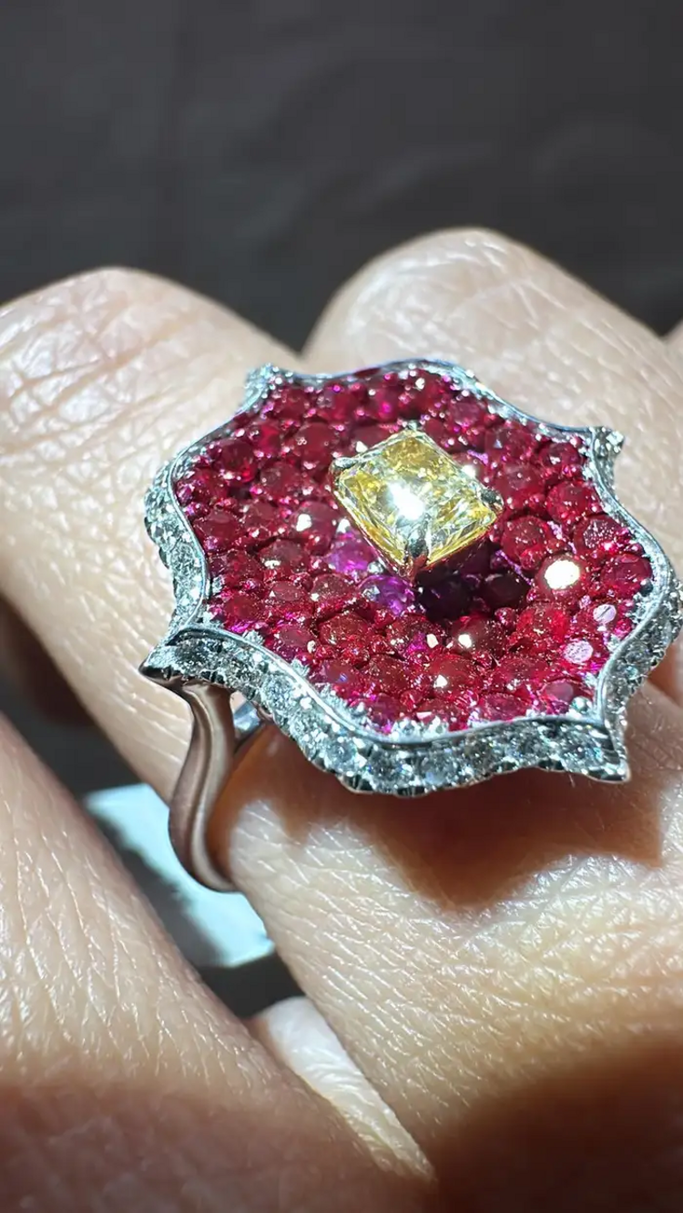 Natural Ruby & Yellow Diamond Ring - 18k White Gold Diamond Stackable Wedding Ring