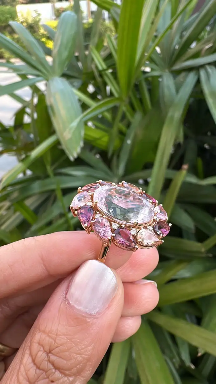 8.47 Ct. Morganite & Tourmaline Gemstone Cocktail Ring - 18k Yellow Gold Diamond Ring