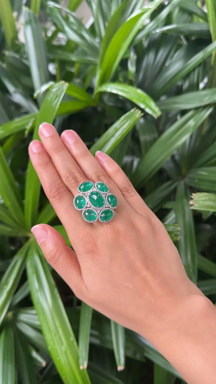 18k White Gold Diamond Statement Ring - Natural Cabochon Emerald Gemstone Ring