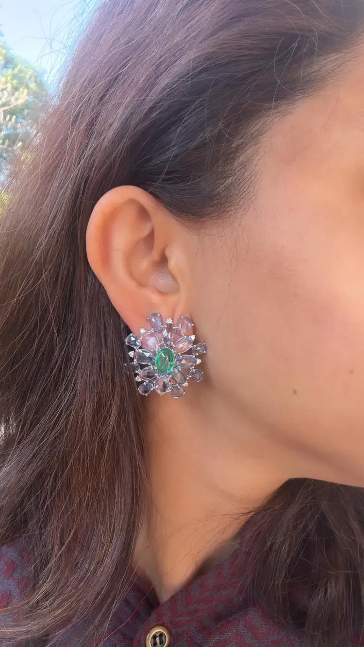 Natural Colombian Emerald & Blue Sapphire Floral Stud Earrings - 18k White Gold Diamond Earrings