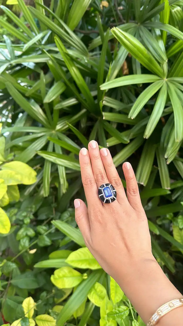 18k Gold Diamond Ring - Natural 7.33 Ct. Tanzanite & Black Onyx Ring - Handmade White Gold Ring