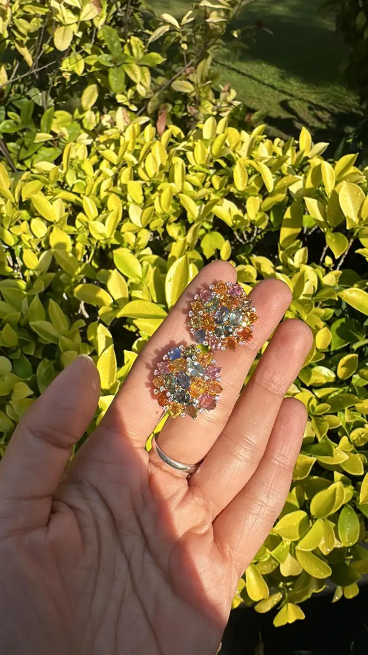 Ceylon Multi Sapphire & Diamond Stud Earrings - Handmade 18k Gold Diamond Women Earrings