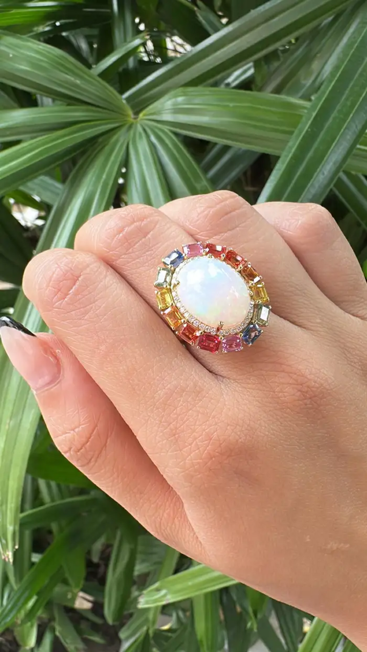 Ethiopian Opal & Multi Sapphire Cocktail Ring - 18k Gold Diamond Wedding Ring