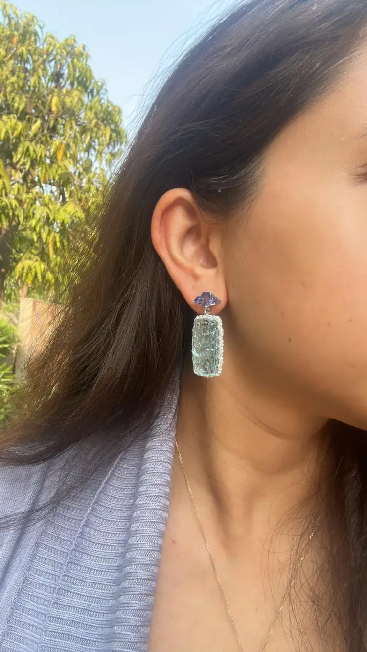 41.37 Ct. Carved Aquamarine Dangle Earrings - 18k White Gold Handmade Earrings - Trillion Cut Tanzanite Earrings