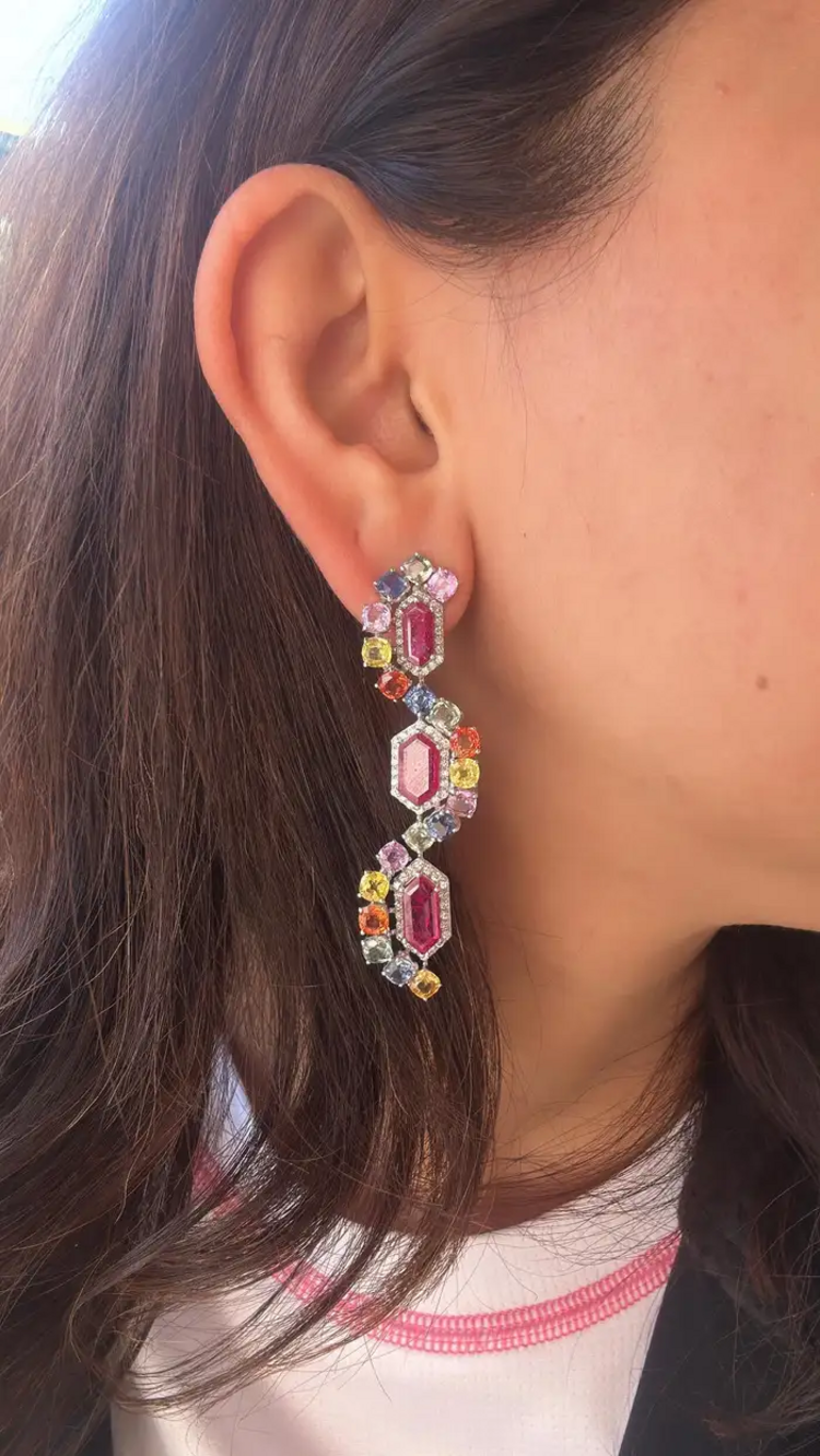 Natural Mozambique Ruby & Multi Sapphire Dangle Earrings - 18k White Gold Diamond Earrings