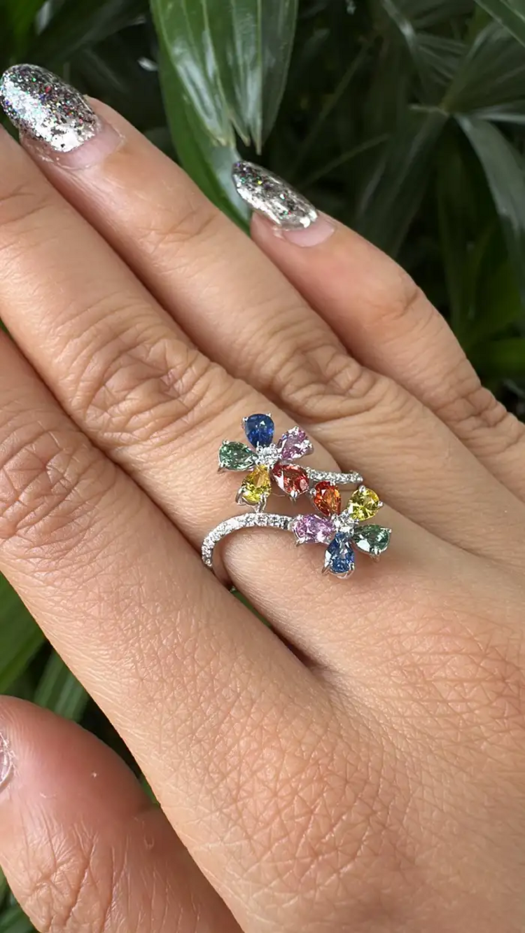 Natural Multi Sapphire Engagement Ring - 18k White Gold Diamond Ring