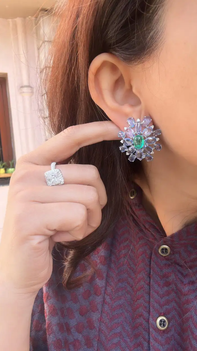 Natural Colombian Emerald & Blue Sapphire Floral Stud Earrings - 18k White Gold Diamond Earrings