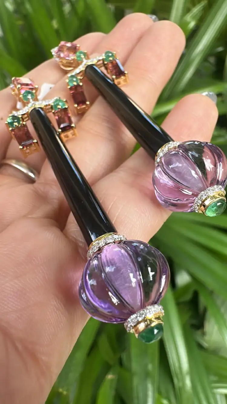 Natural Amethyst , Tourmaline & Black Onyx Dangle Earrings - 18k Yellow Gold Diamond Earrings