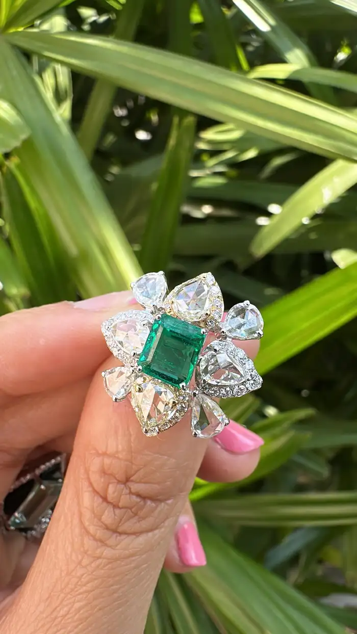Natural Rose Cut Diamond Cocktail Ring - 18k White Gold Zambian Emerald Wedding Ring