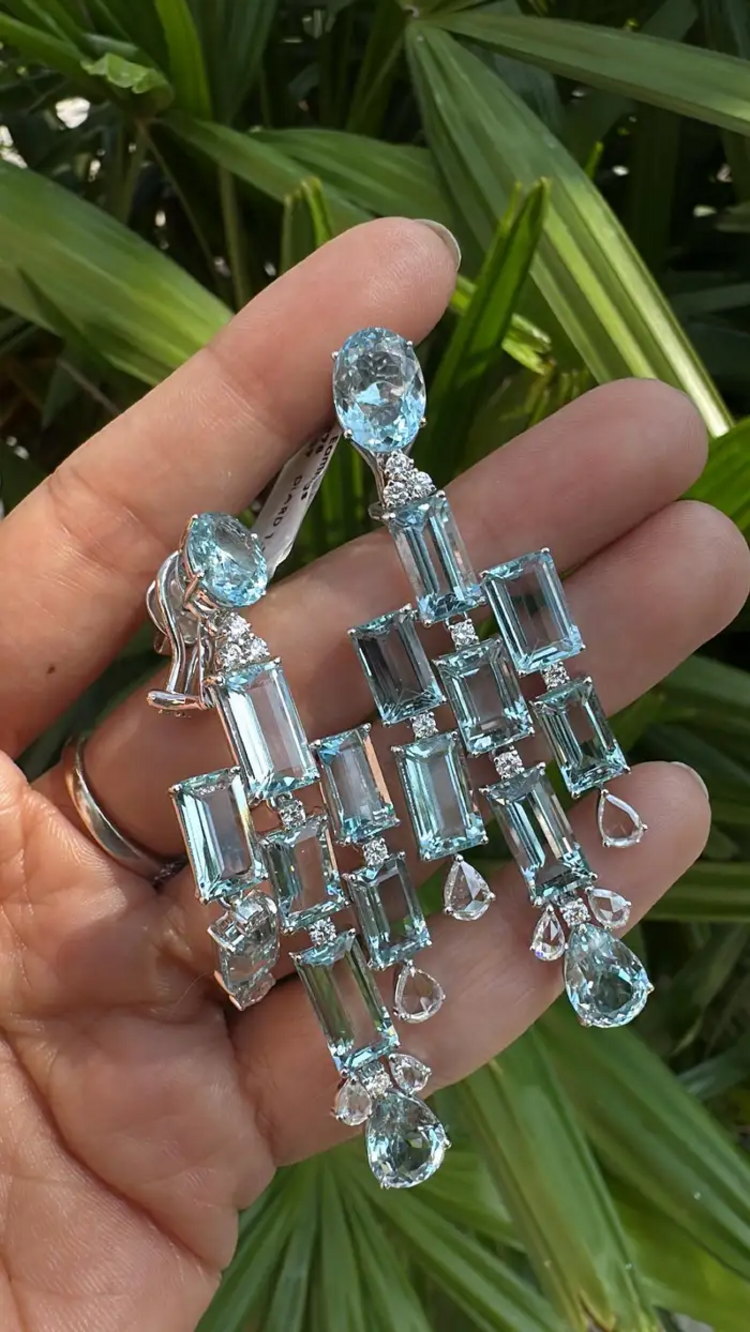 Natural Aquamarine Gemstone Chandelier Earrings - 18k White Gold Diamond Handmade Dangle Earrings
