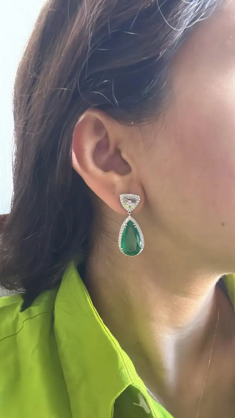 Solid 18k White Gold Handmade Dangle Earrings - Natural Zambian Emerald & Rose Cut Diamond Drop Dangle Women Earrings