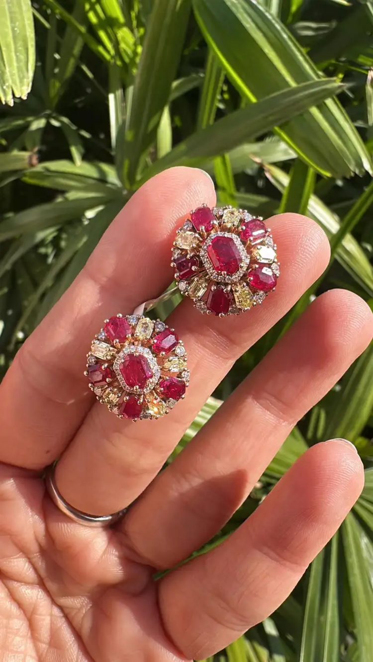 Mozambique Ruby & Yellow Diamond Stud Earrings - 18k Yellow Gold Diamond Stud Earrings