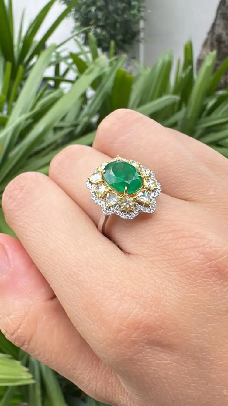 Natural Zambian Emerald Cocktail Ring - Solid 18k White Gold Yellow Diamond Wedding Ring