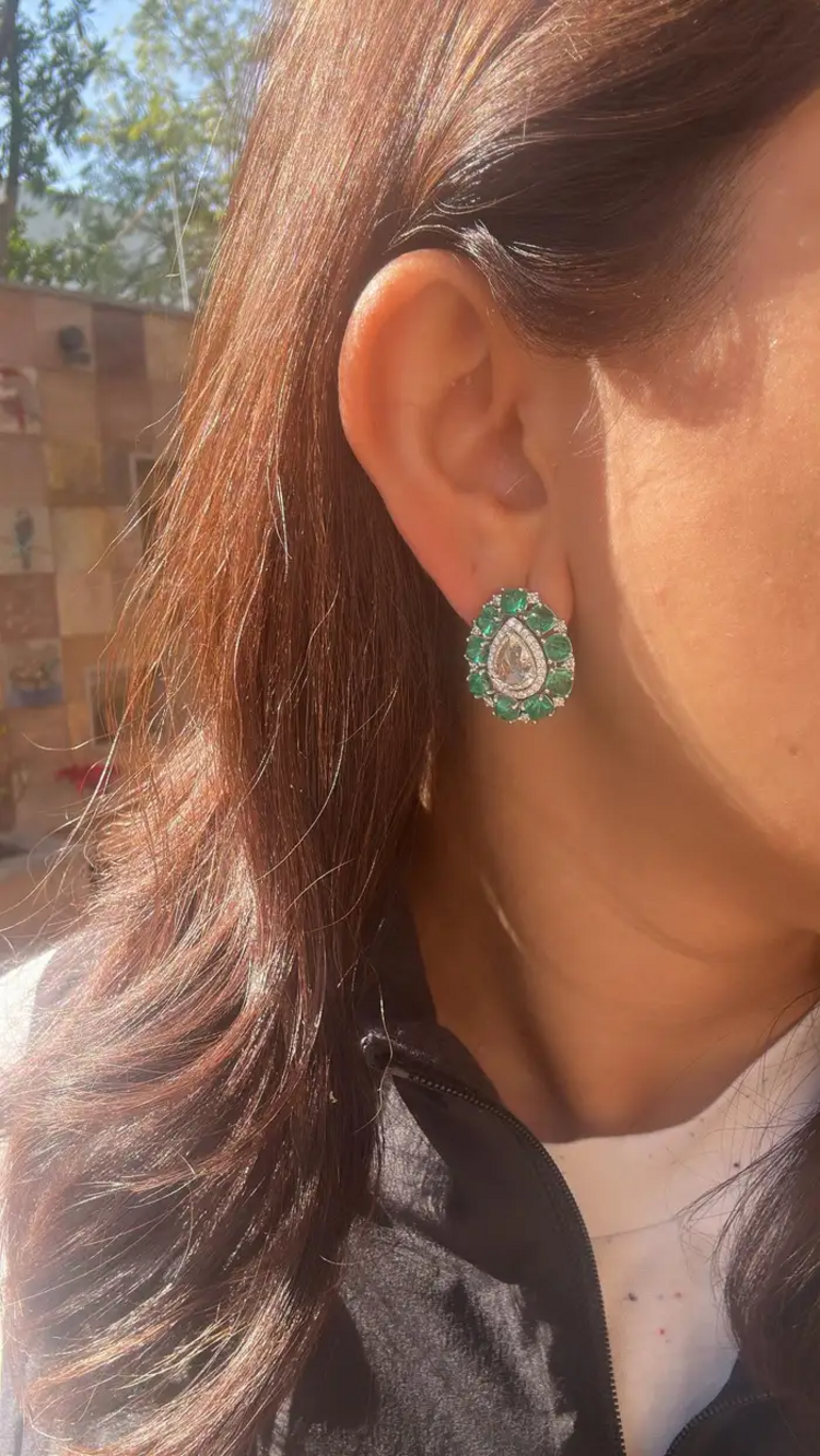 Colombian Emerald Sugarloaf & Rose Cut Diamond Stud Earrings - 18k White Gold Handmade Tiny Earrings