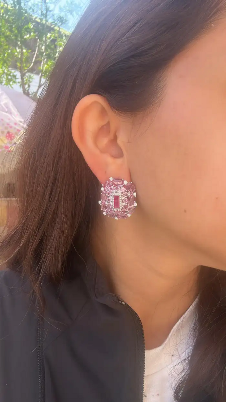 Natural Mozambique Ruby & Ceylon Pink Sapphire Stud Earrings - 18k White Gold Diamond Earrings