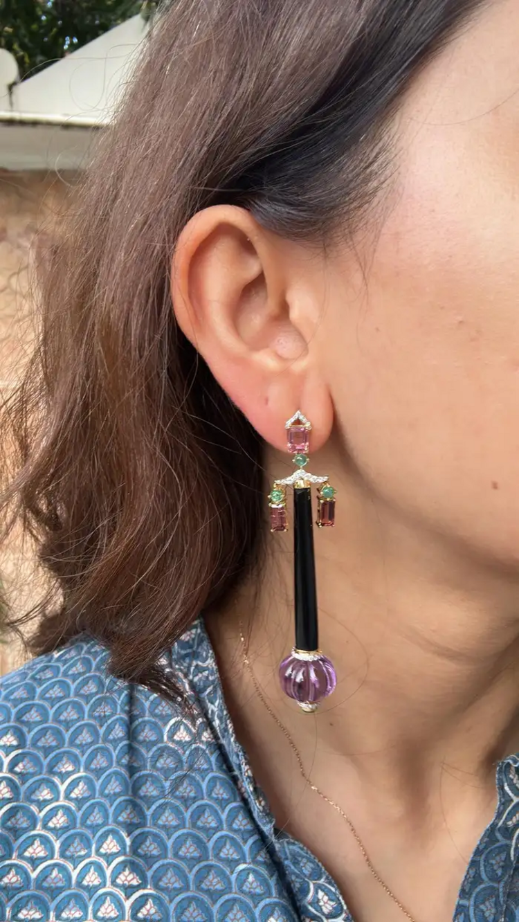 Natural Amethyst , Tourmaline & Black Onyx Dangle Earrings - 18k Yellow Gold Diamond Earrings