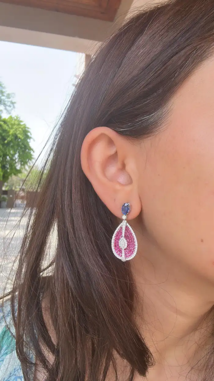 Ceylon Pink & Blue Sapphire Dangle Earrings - 18k White Gold & Rose Cut Diamond Women Earrings