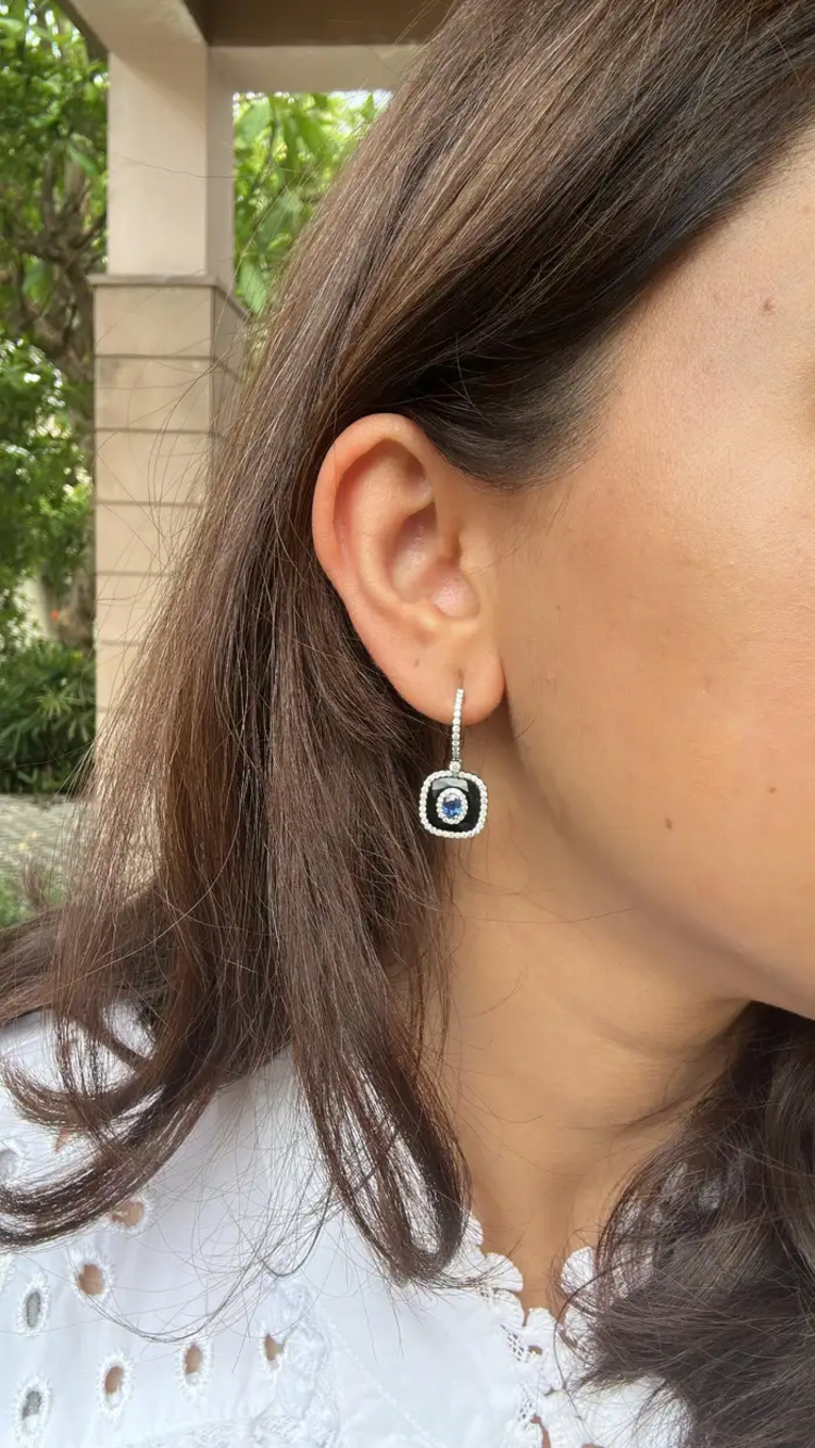 Natural Blue Sapphire & Black Onyx Earrings - 18k White Gold Diamond Earrings