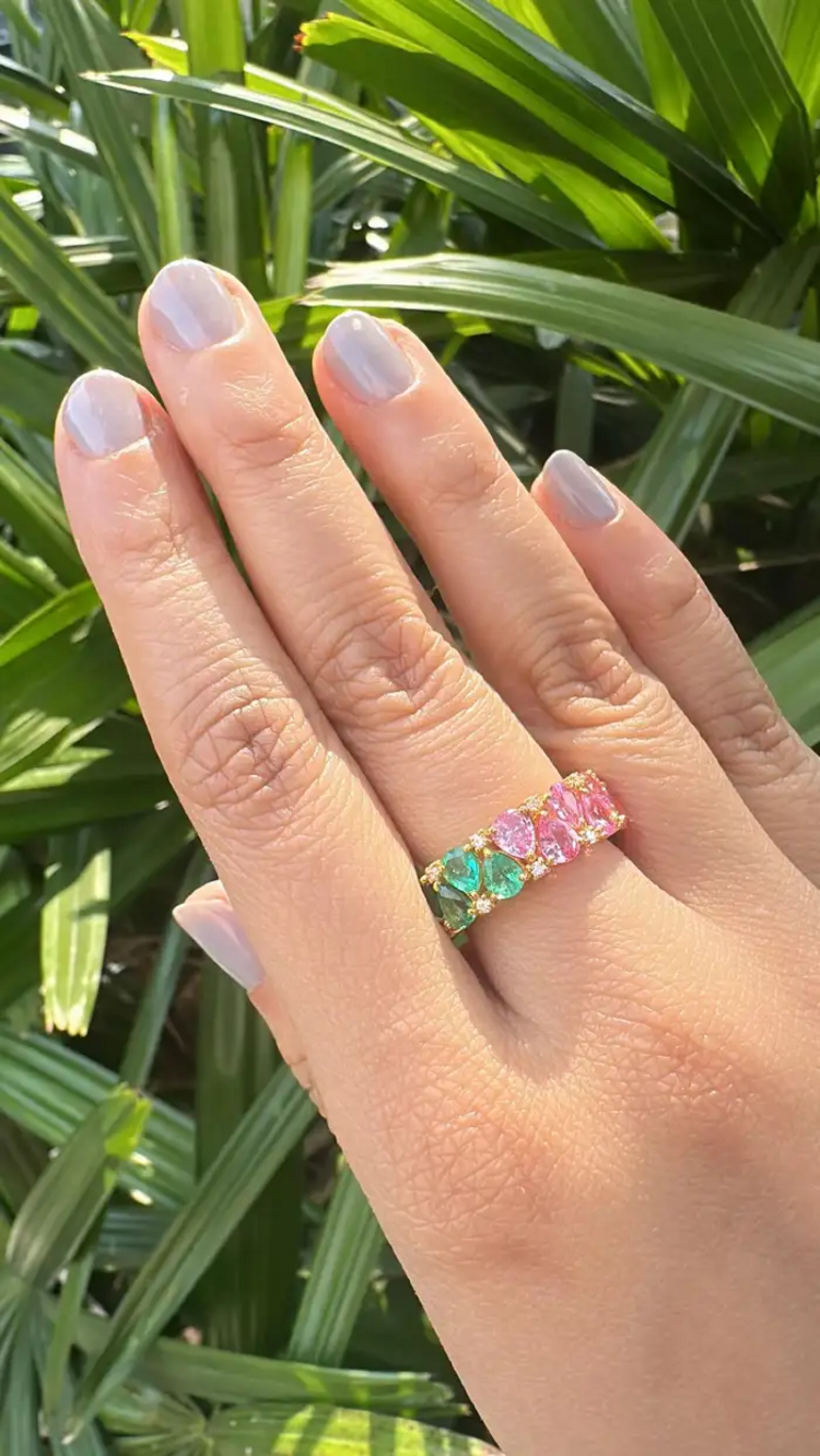Natural Pink Sapphire, Zambian Emerald & Tanzanite Band Ring - 18k Yellow Gold Diamond Wedding Ring
