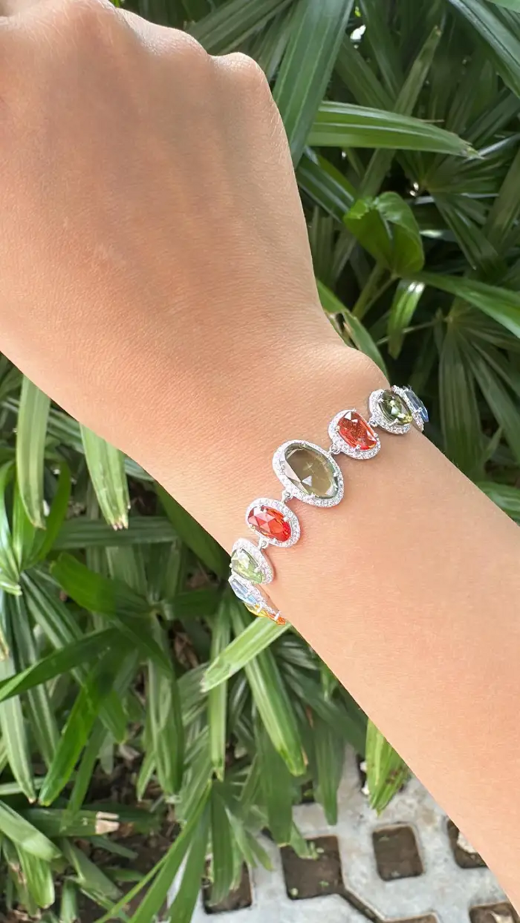 Natural Multi Sapphire & Rose Cut Diamond Bracelet - 18k White Gold Handmade Bracelet