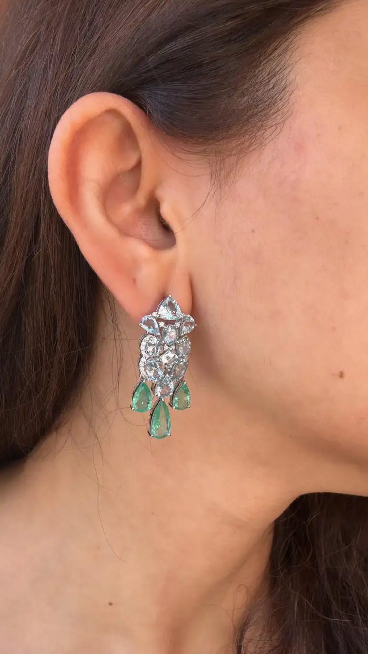 Natural Aquamarine & Colombian Emerald Dangle Earrings - 18k White Gold Diamond Wedding Earrings