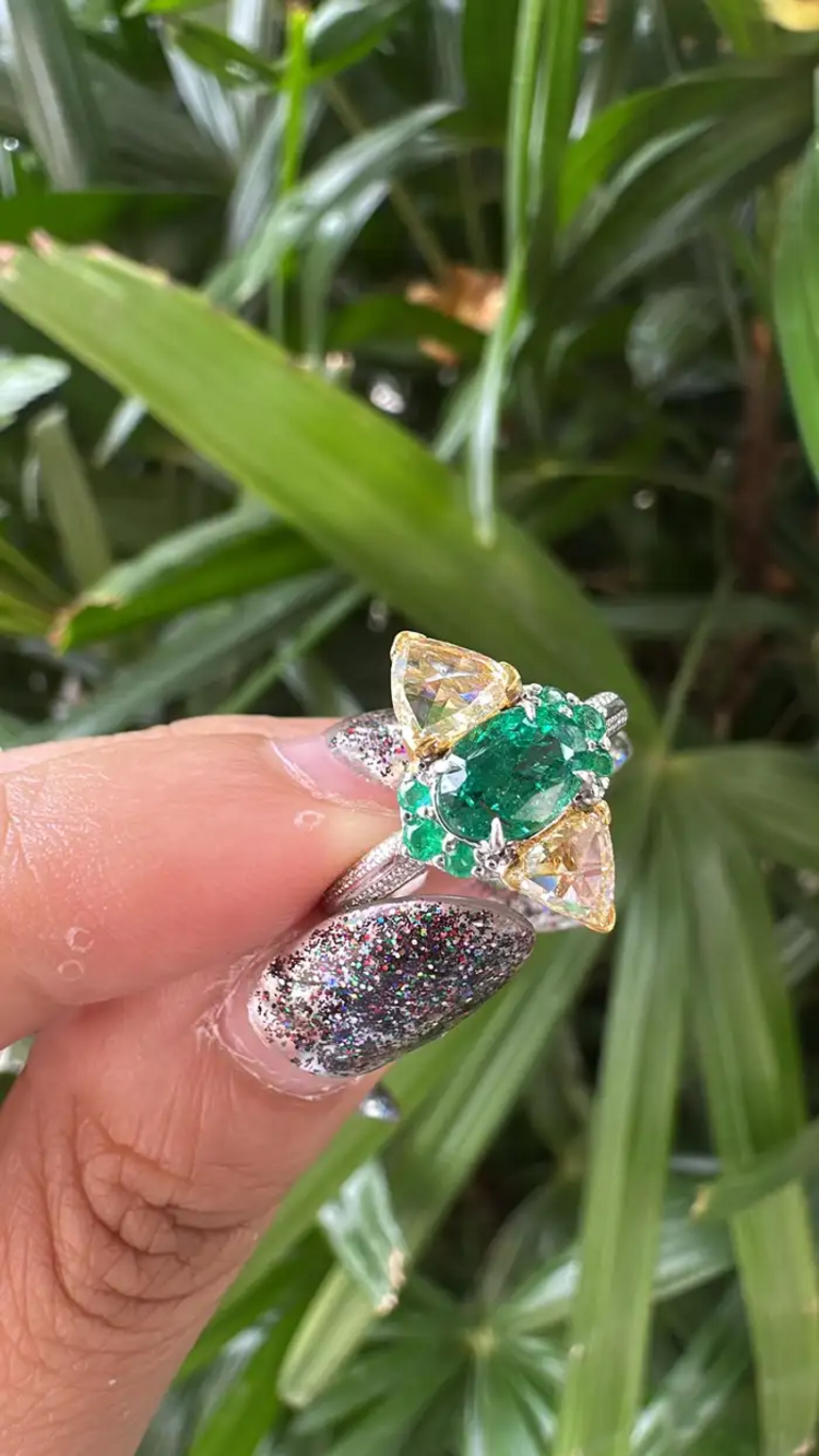 Natural Zambian Emerald Engagement Ring - 18k White Gold & Yellow Diamond Ring