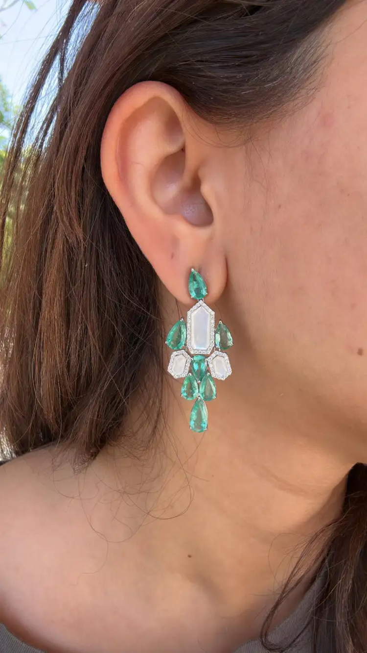 Natural Colombian Emerald & Pearl Chandelier Earrings - 18k White Gold Diamond Dangle Earrings