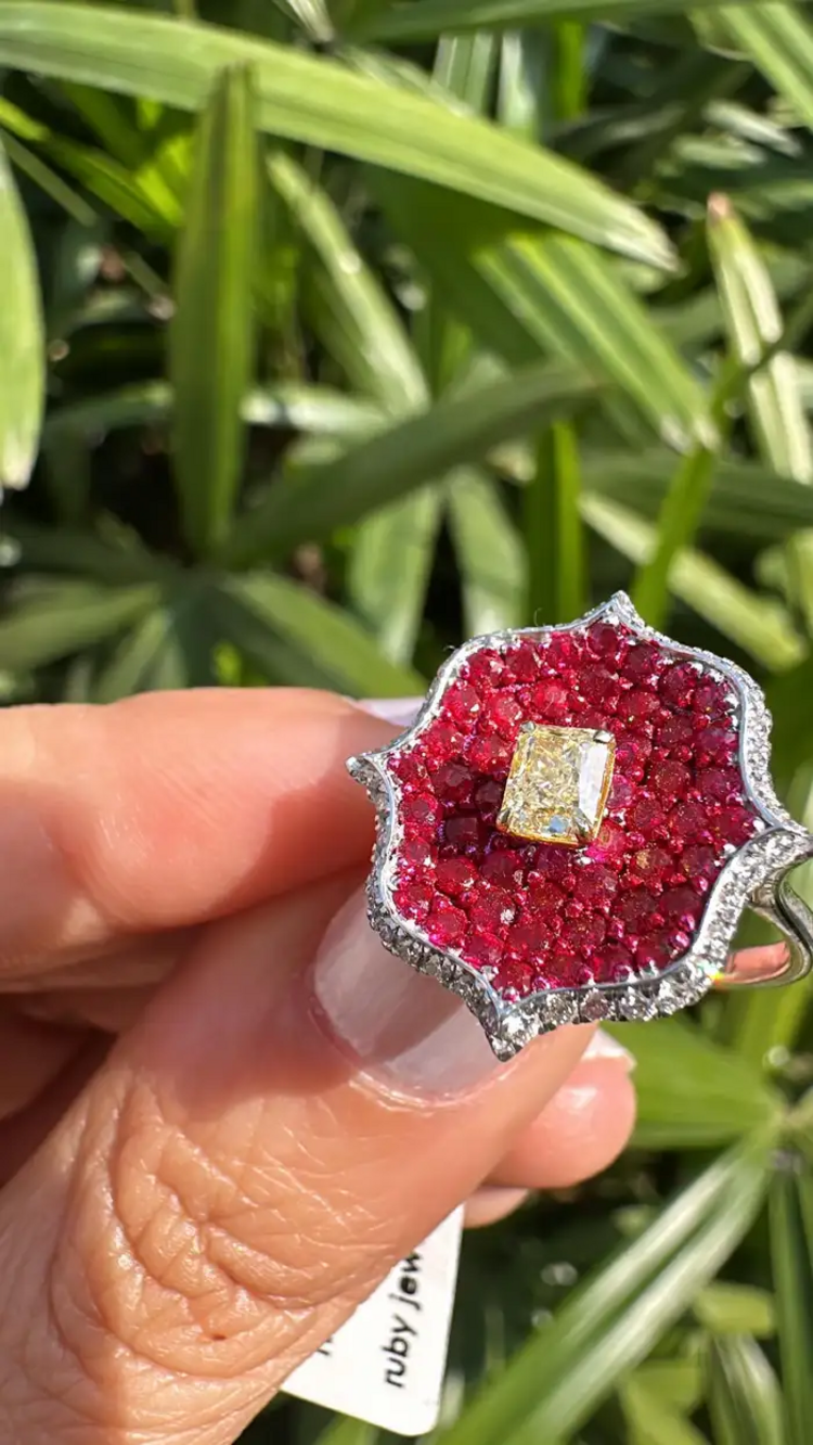 Natural Ruby & Yellow Diamond Ring - 18k White Gold Diamond Stackable Wedding Ring