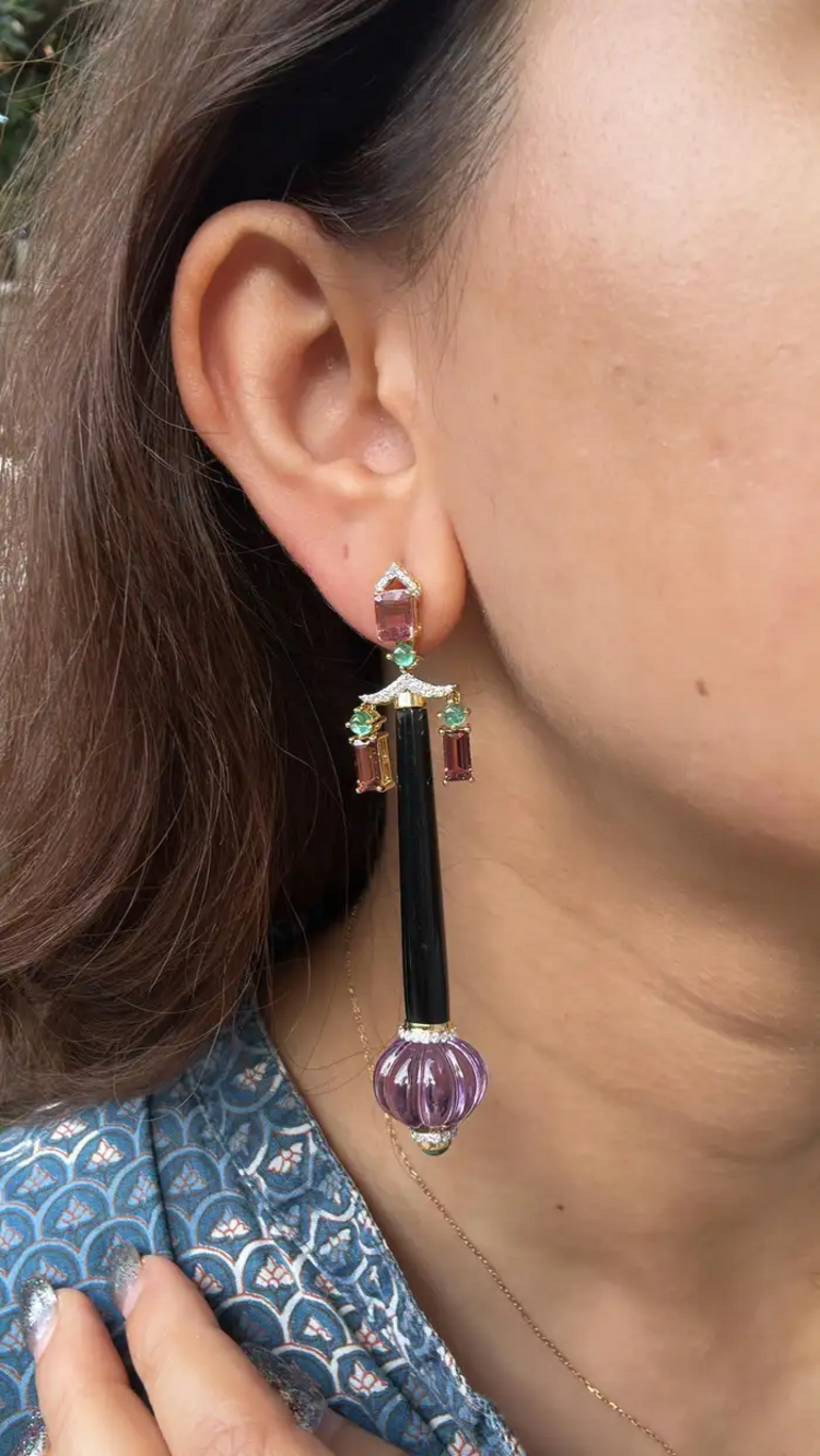 Natural Amethyst , Tourmaline & Black Onyx Dangle Earrings - 18k Yellow Gold Diamond Earrings