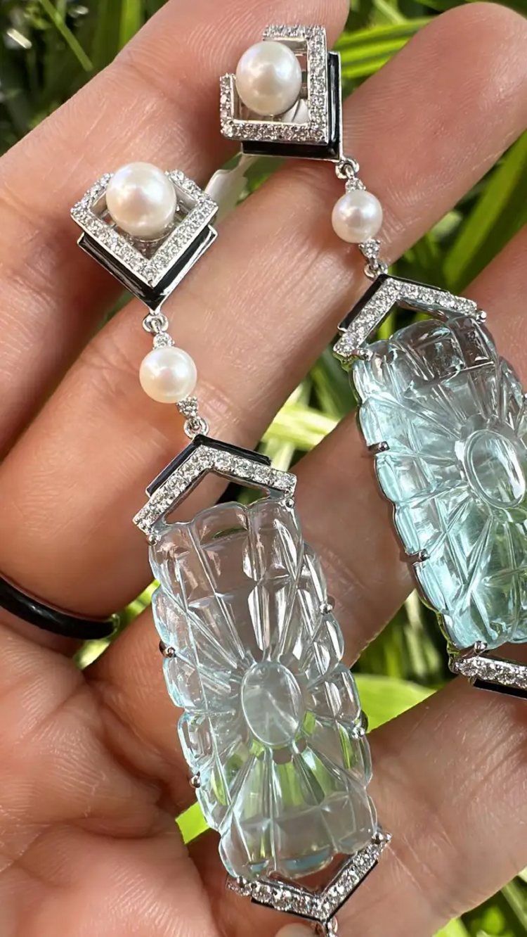 Handmade 18k White Gold Dangle Earrings - Natural Diamond & Carved Aquamarine Gemstone Earrings - Freshwater Pearl, Black Enamel Earrings