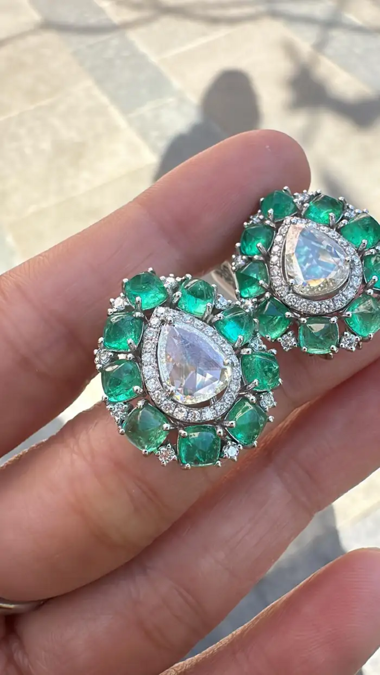 Colombian Emerald Sugarloaf & Rose Cut Diamond Stud Earrings - 18k White Gold Handmade Tiny Earrings