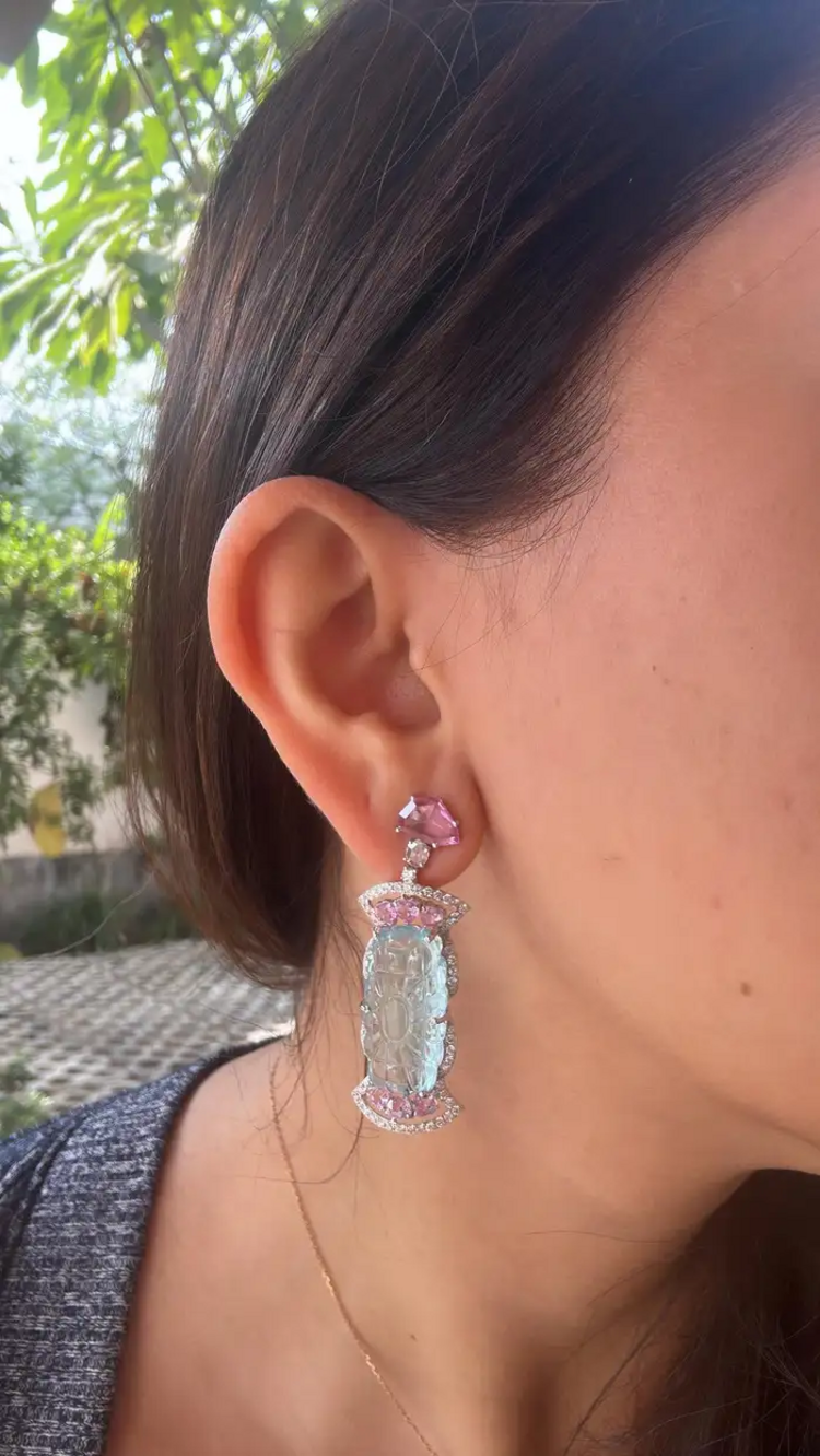 White Gold 18k Earrings - Natural Pink Sapphire & Carved Aquamarine Gemstone Dangle Earrings - Gold Diamond Women Valentine Jewelry