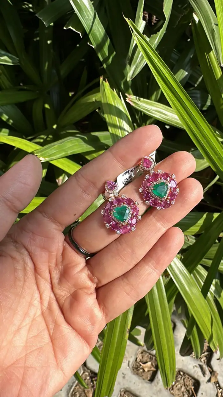 Heart Shape 8.95 Ct. Zambian Emerald Earrings - 18k Rose Gold Diamond Dangle Earrings - Natural Pink Sapphire Earrings