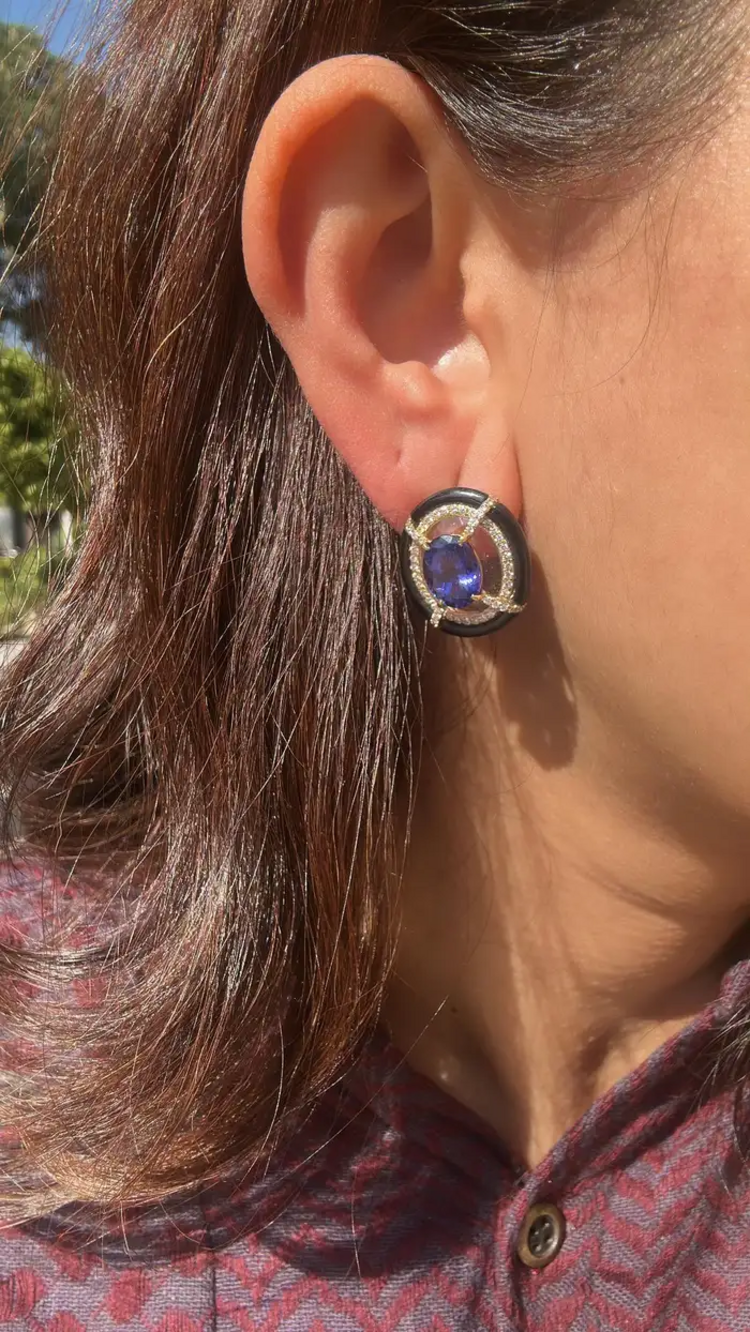 18k Gold Diamond & Tanzanite Gemstone Stud Earrings - Rock crystal & Black Onyx Earrings