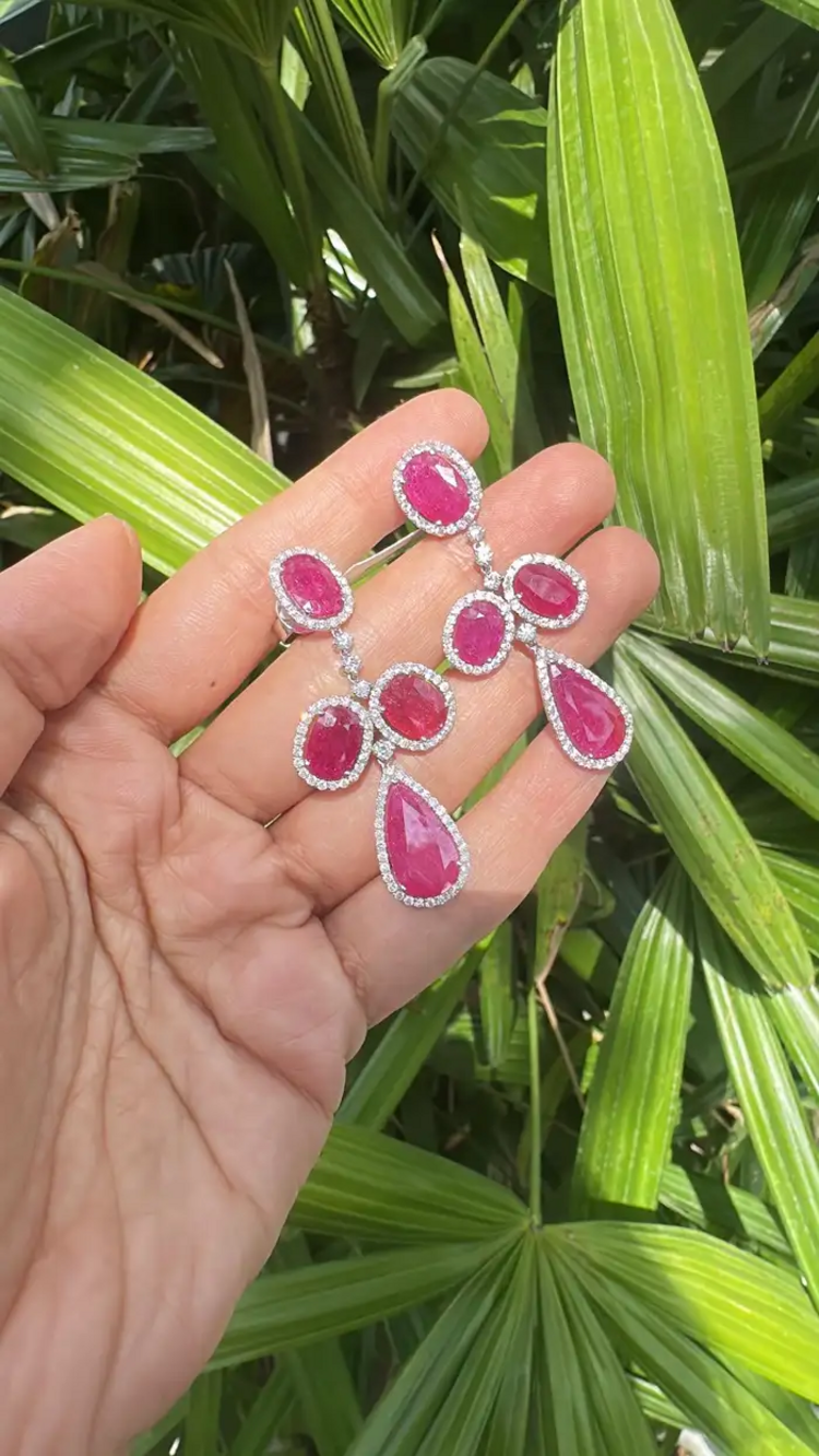 18k White Gold Diamond Dangle Earrings - Natural Mozambique Ruby Gemstone Wedding Earrings