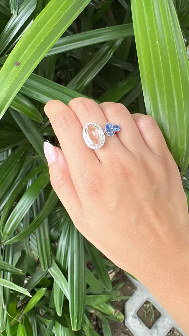 Natural Morganite, Blue Sapphire & Diamond Cocktail Ring - 18k White Gold Diamond Ring