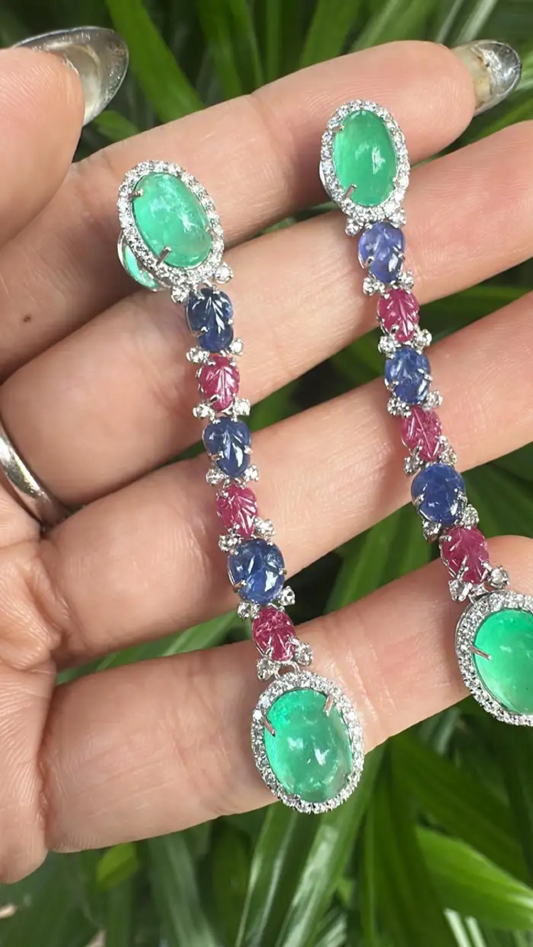 Natural Colombian Emerald & Carved Ruby Gemstone Dangle Earrings - 18k White Gold Diamond Earrings