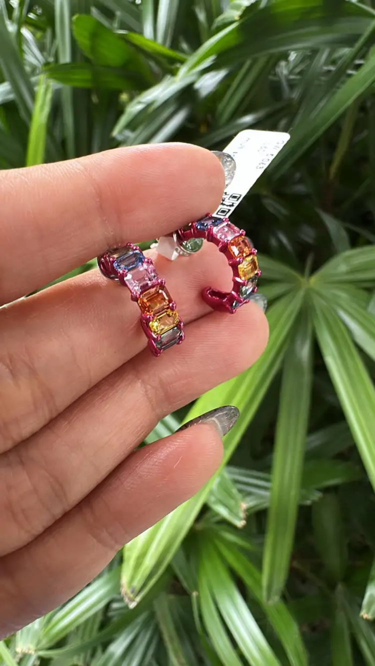 18k White Gold Half Hoop Earrings - Natural Ceylon Multi Sapphire Tiny Earrings