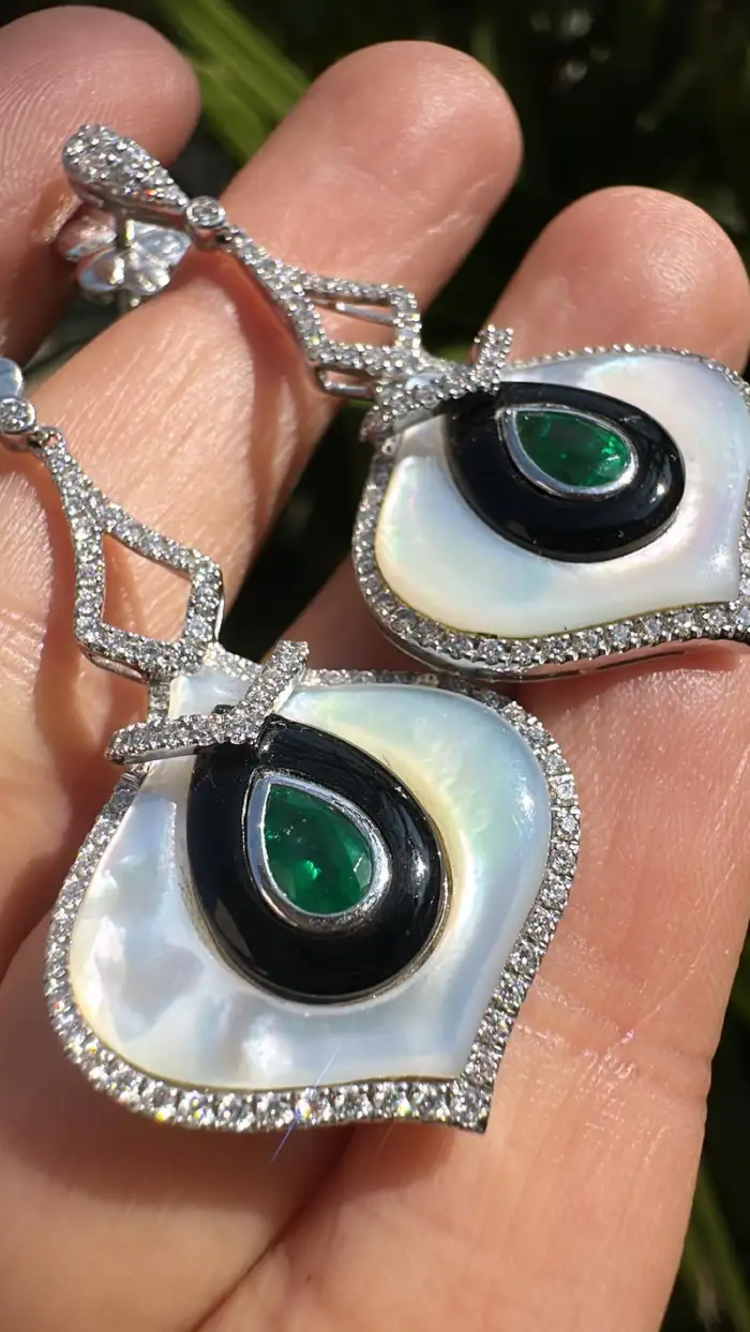 18k White Gold Zambian Emerald Dangle Earrings - Natural Diamond, Black Onyx & Pearl Wedding Earrings