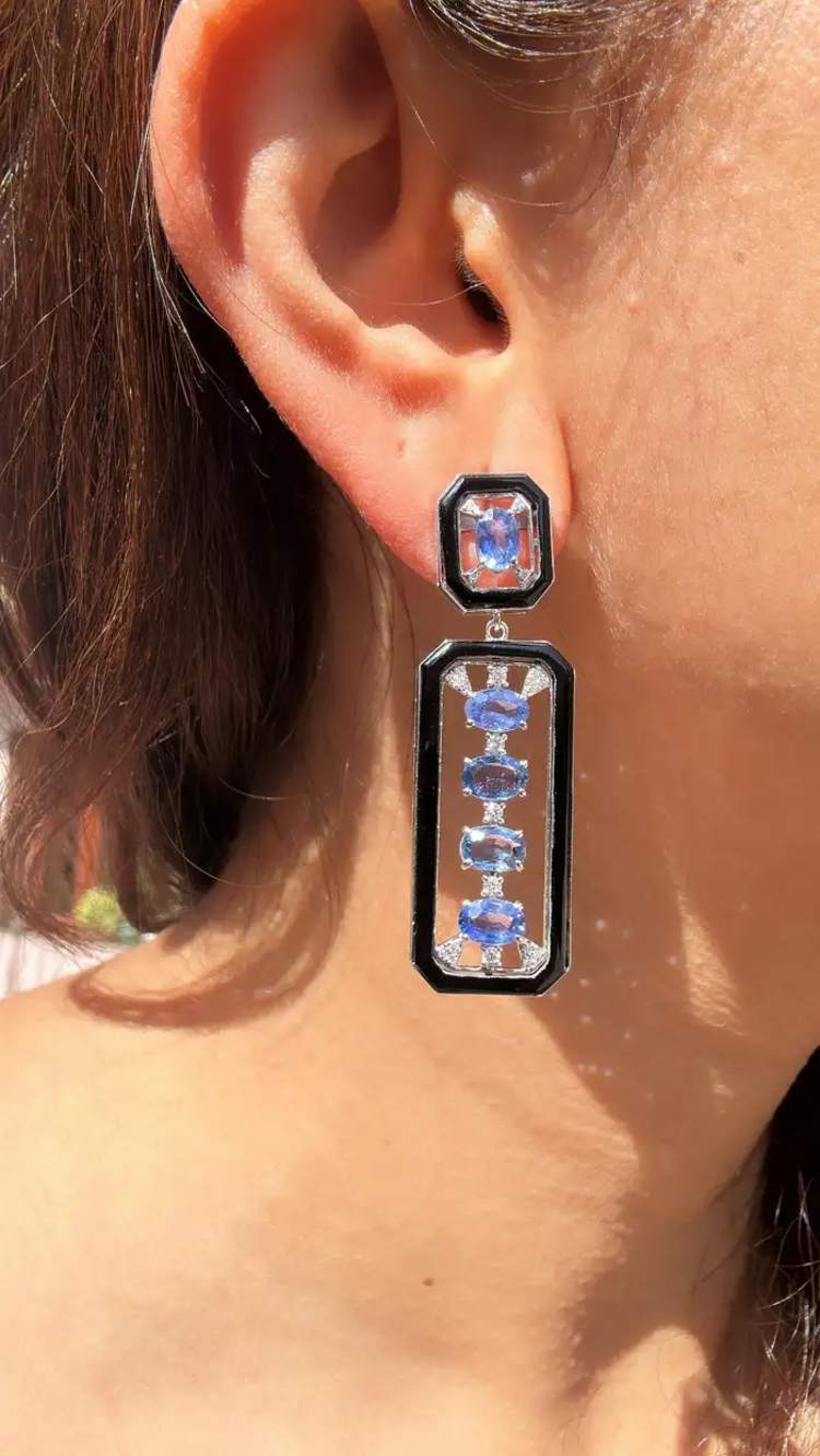 5.59 Ct. Oval Cut Ceylon Blue Sapphire 18k White Gold Earrings - Natural Diamond & Black Onyx Dangle Earrings