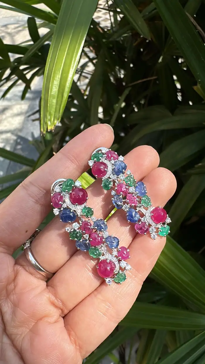 18k White Gold Diamond Dangle Earrings - Natural Mozambique Ruby, Zambian Emerald & Carved Blue Sapphire Earrings