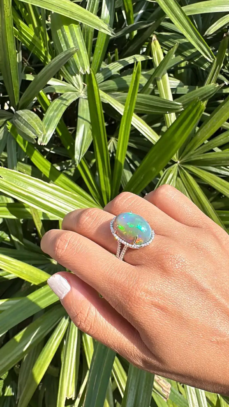 18k White Gold Diamond Statement Ring - Natural 16.23 Ct. Ethiopian Opal Women Ring