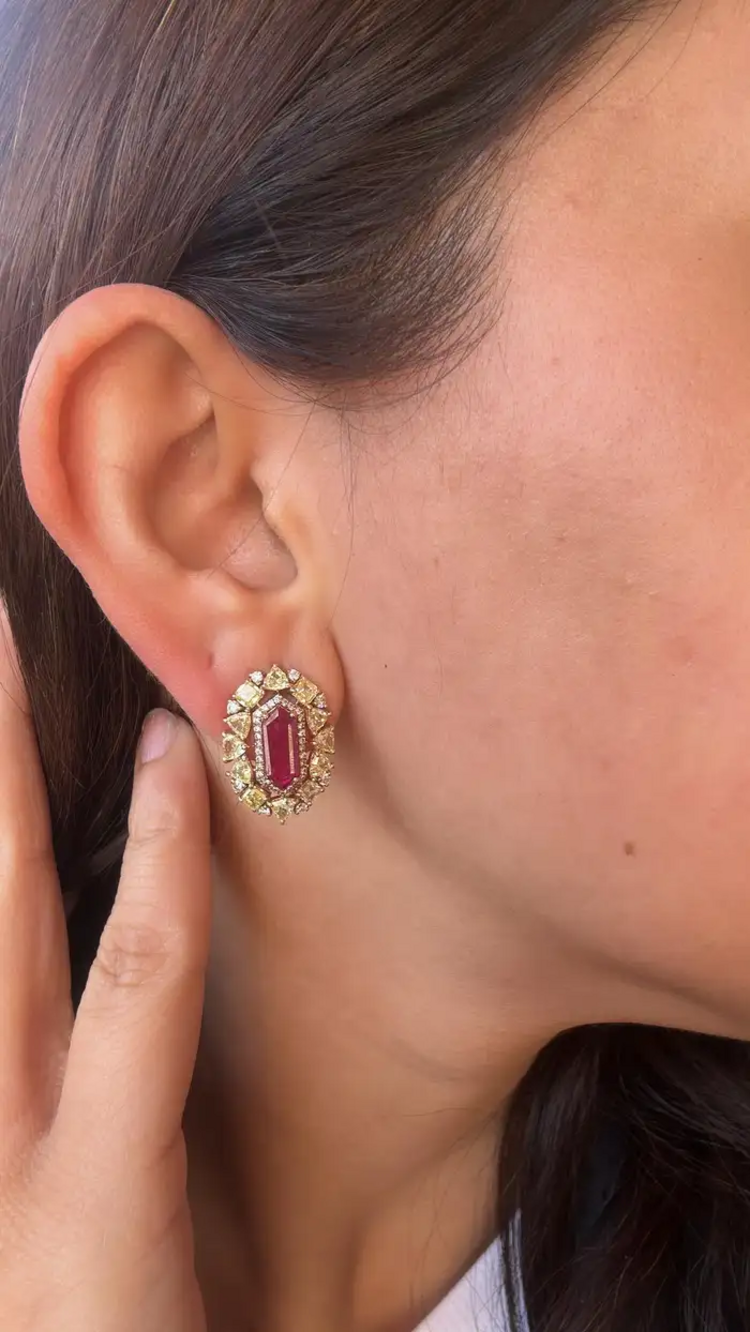 18k Rose Gold Yellow Diamond Stud Earrings - Natural Mozambique Ruby Tiny Earrings
