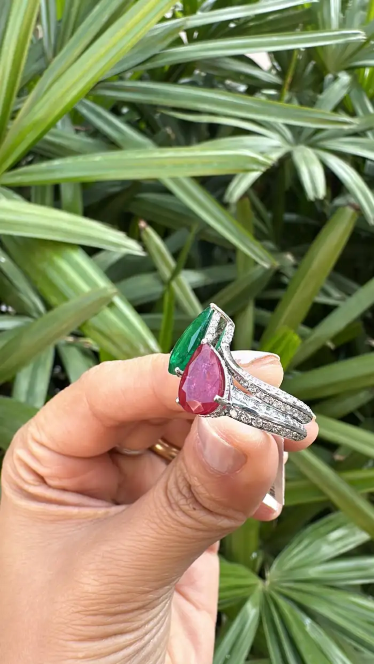 Natural Pear Shape Zambian Emerald & Mozambique Ruby Wedding Ring - 18k White Gold Diamond Ring