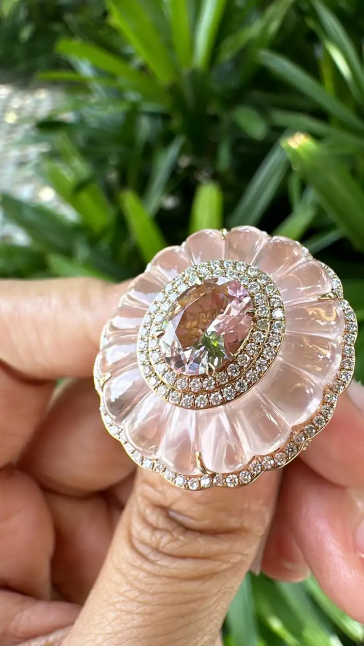 Natural Morganite & Rose Quartz Gemstone Ring - 18k Yellow Gold Diamond Cocktail Ring