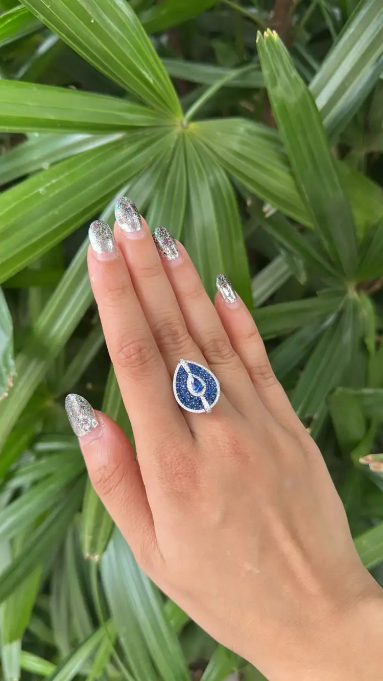18k White Gold Diamond Handmade Ring - Natural Blue Sapphire Cocktail Ring