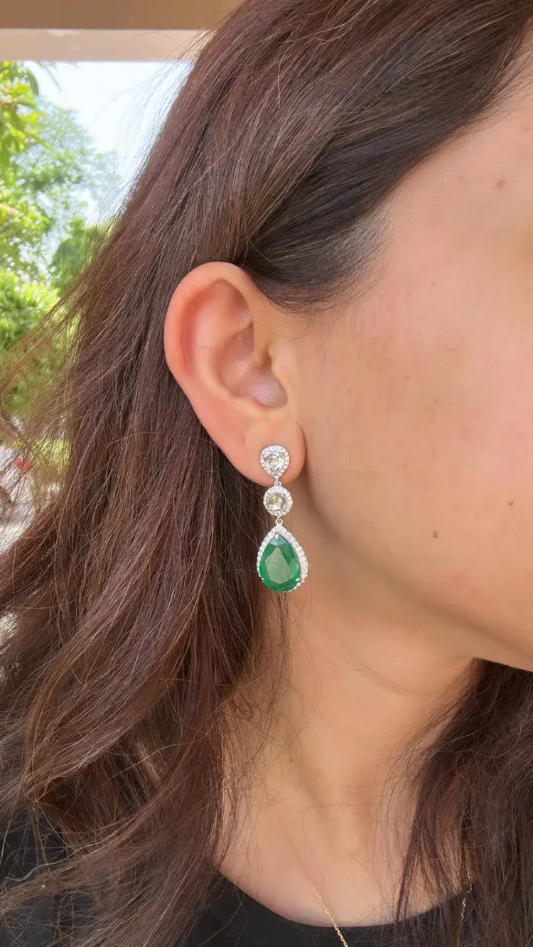 12.36 Ct. Natural Zambian Emerald Dangle Gold Earrings - 18k White Gold & Rose Cut Diamond Earrings